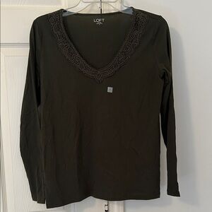 LOFT Women's Dark Green Lace V-Neck Long Sleeve Top
